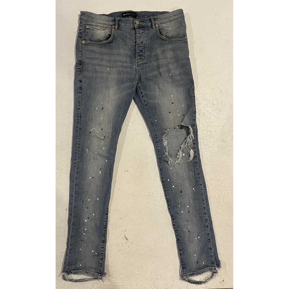 Purple Brand Jeans Mens Blue P002 Distressed Paint Splatter Ripped Size 33x31‎